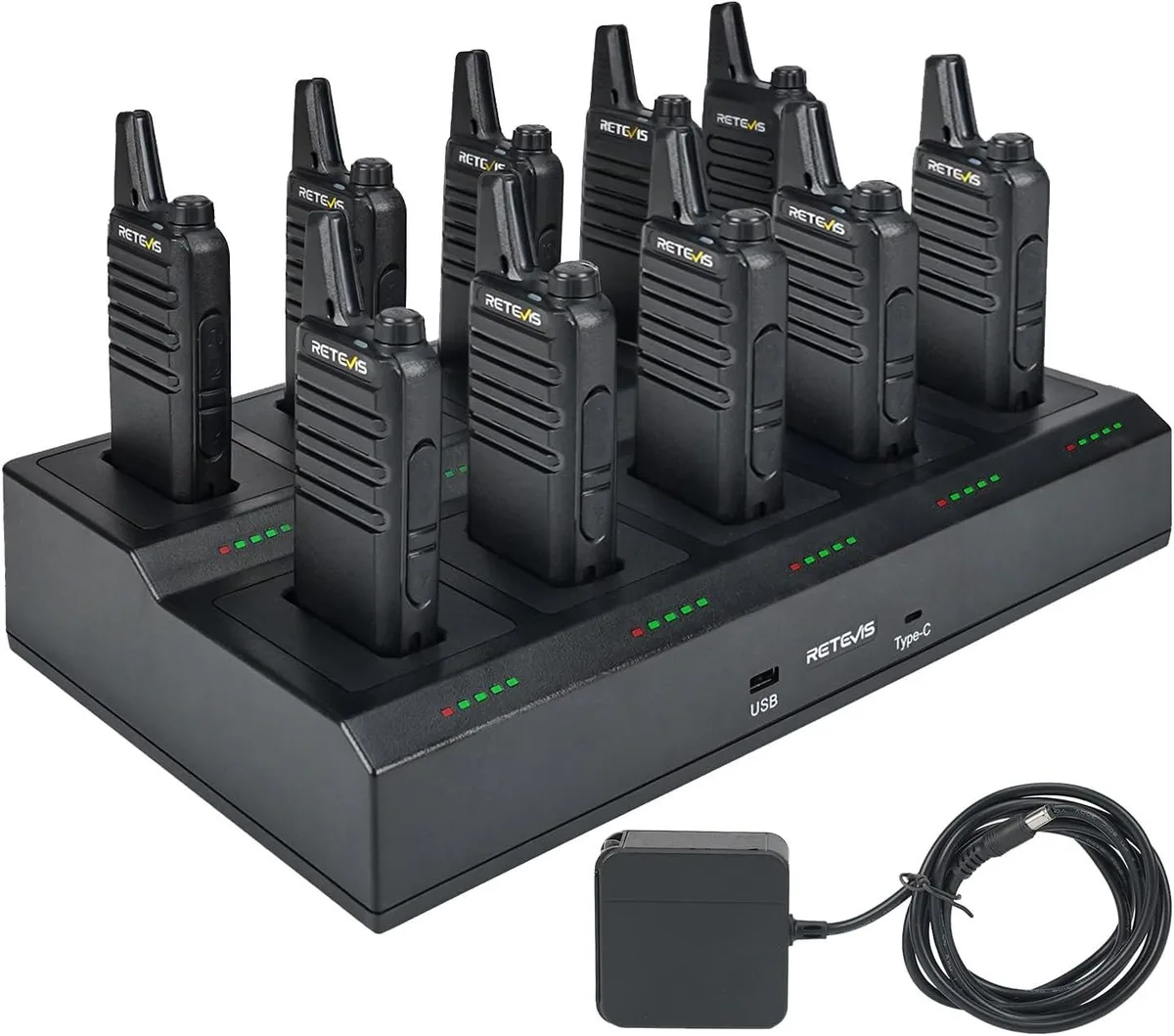Black rectangular 10-slot gang charger with LED progress bars and USB cable