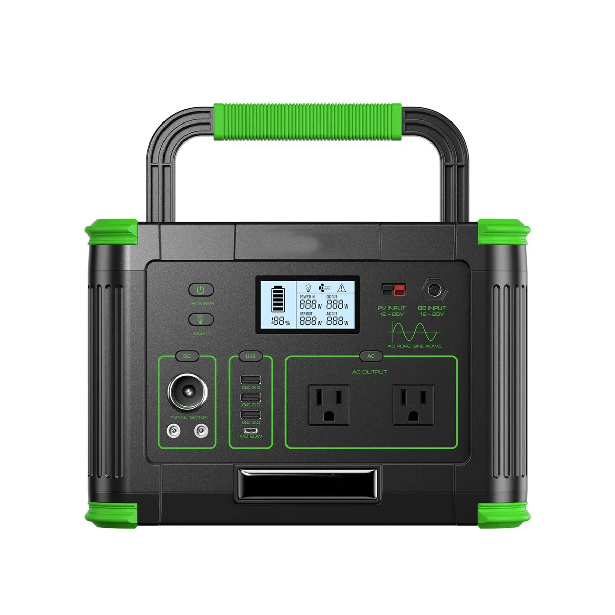 Green rectangular portable power station with carry handle, compact 294×202×202mm body