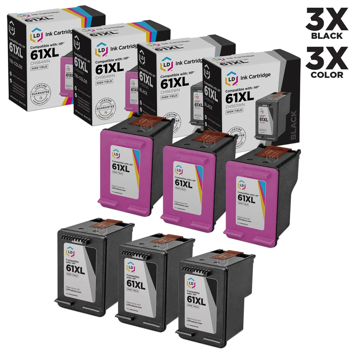 LD Products LD Products HP 61XL 6PK High Yield Ink Cartridges 3 Black 3 Color — product photo