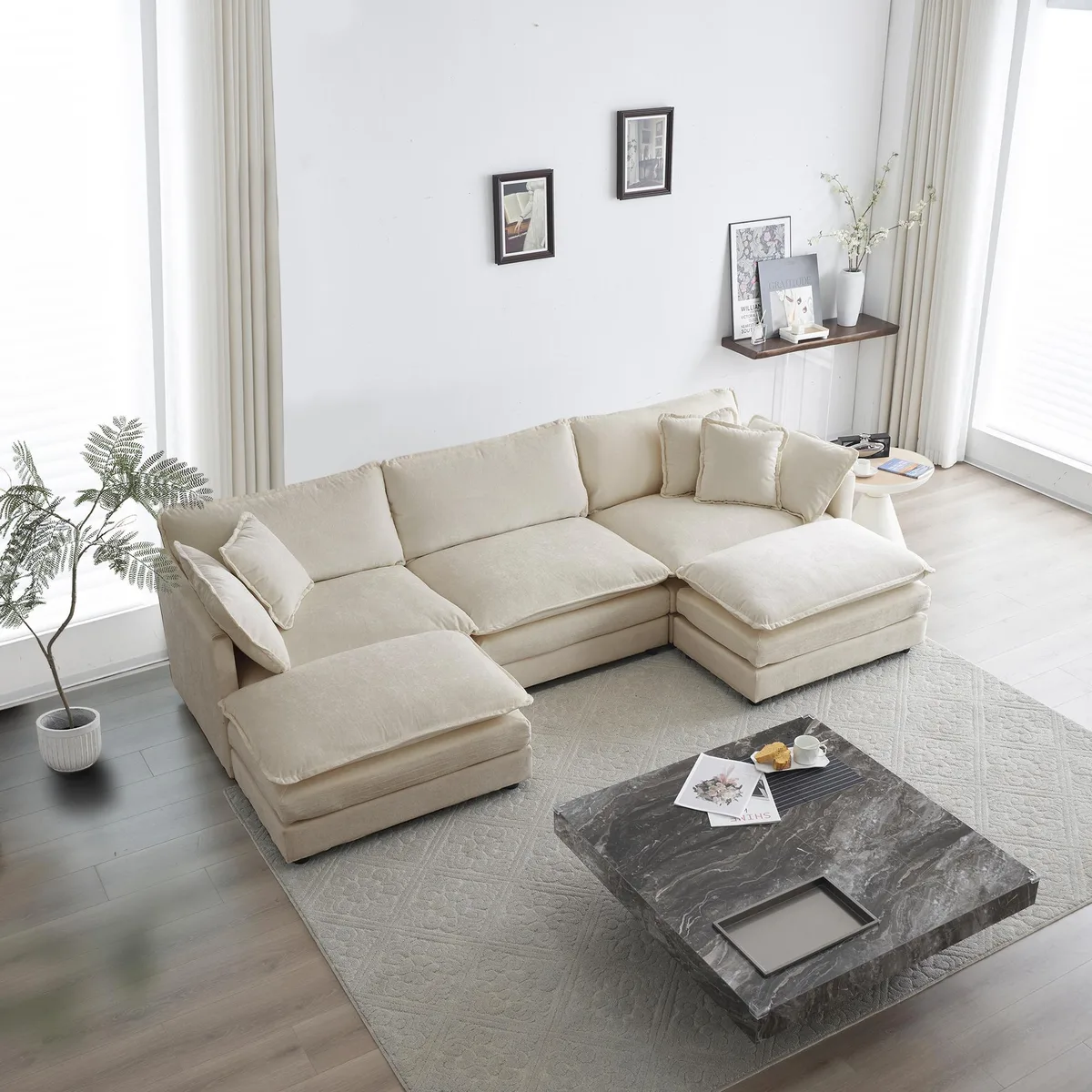 Beige chenille U-shaped sectional with two ottomans and five cushions
