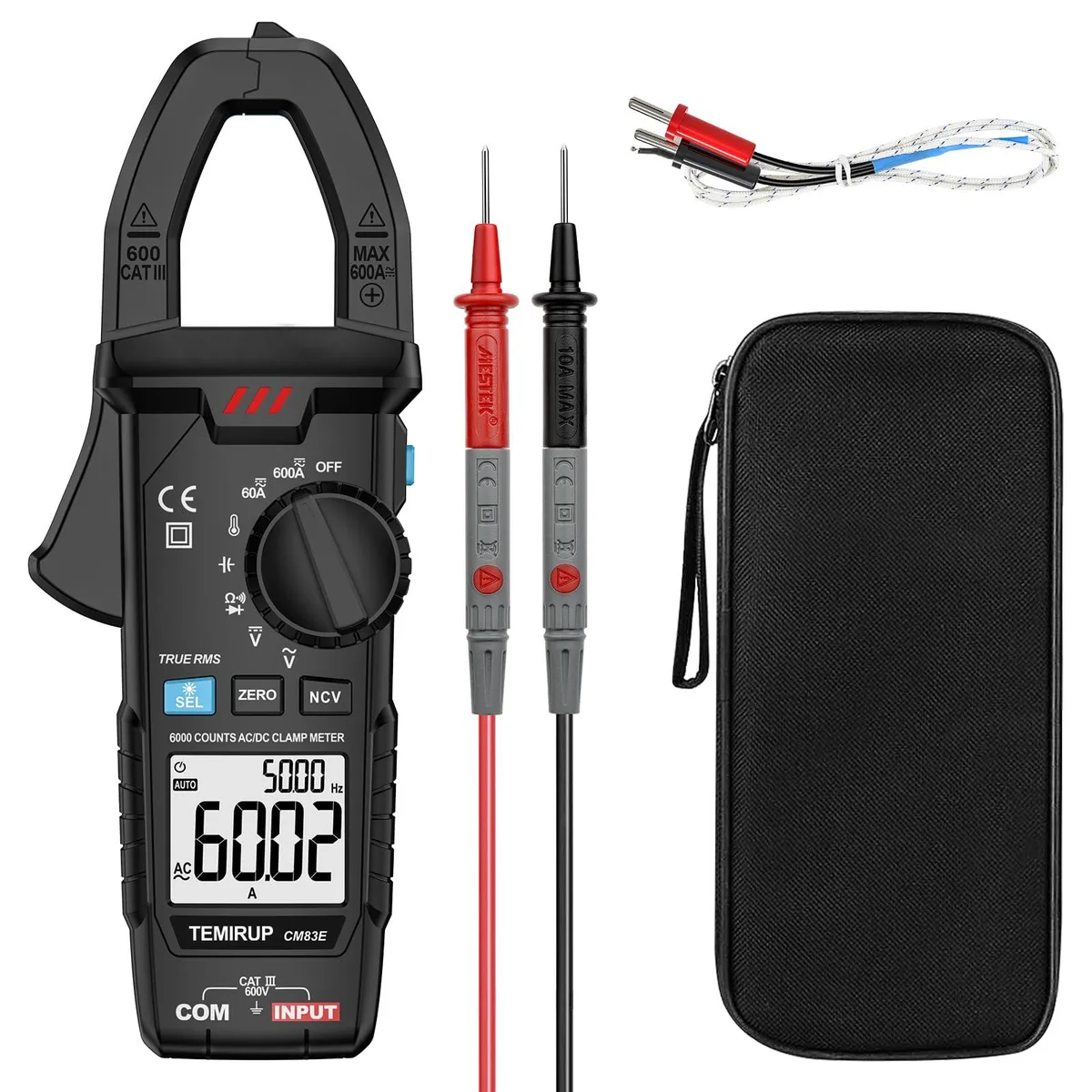 Temirup digital clamp meter, grey handheld body with black jaw, backlit LCD, LED flashlight, 7.8 by 3 by 1.4 inches, .47 pounds