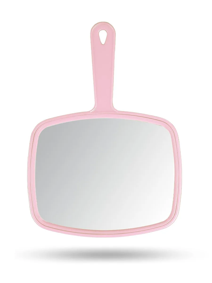 Pink rectangular handheld mirror with handle 10.3 by 7.4 inches