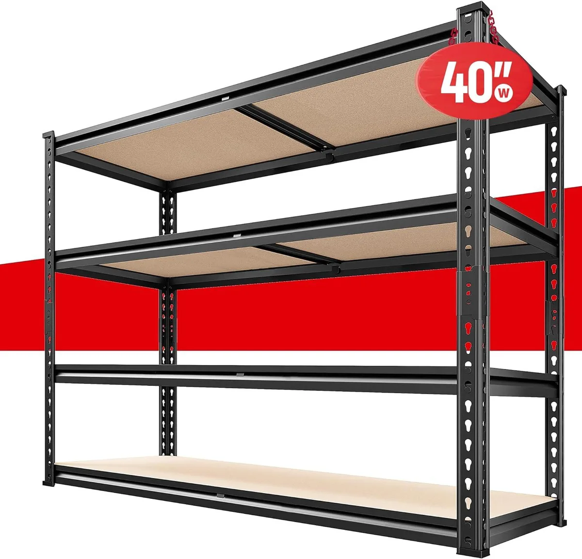 Silver four-tier metal shelving unit with MDF shelves, 40 wide by 20 deep by 60 high