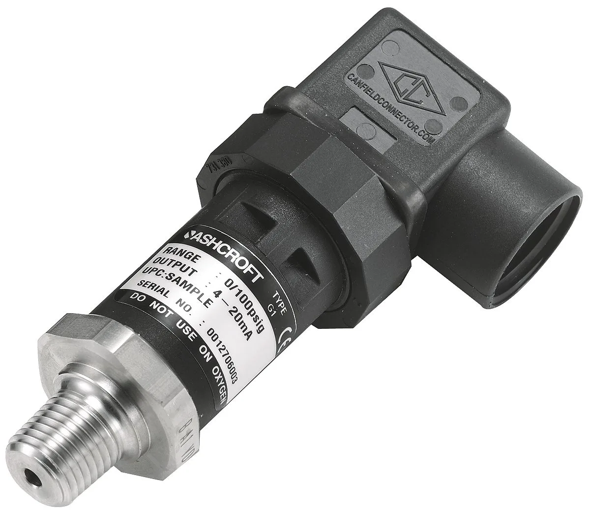 Stainless steel pressure transducer with DIN connector and half-inch conduit entry