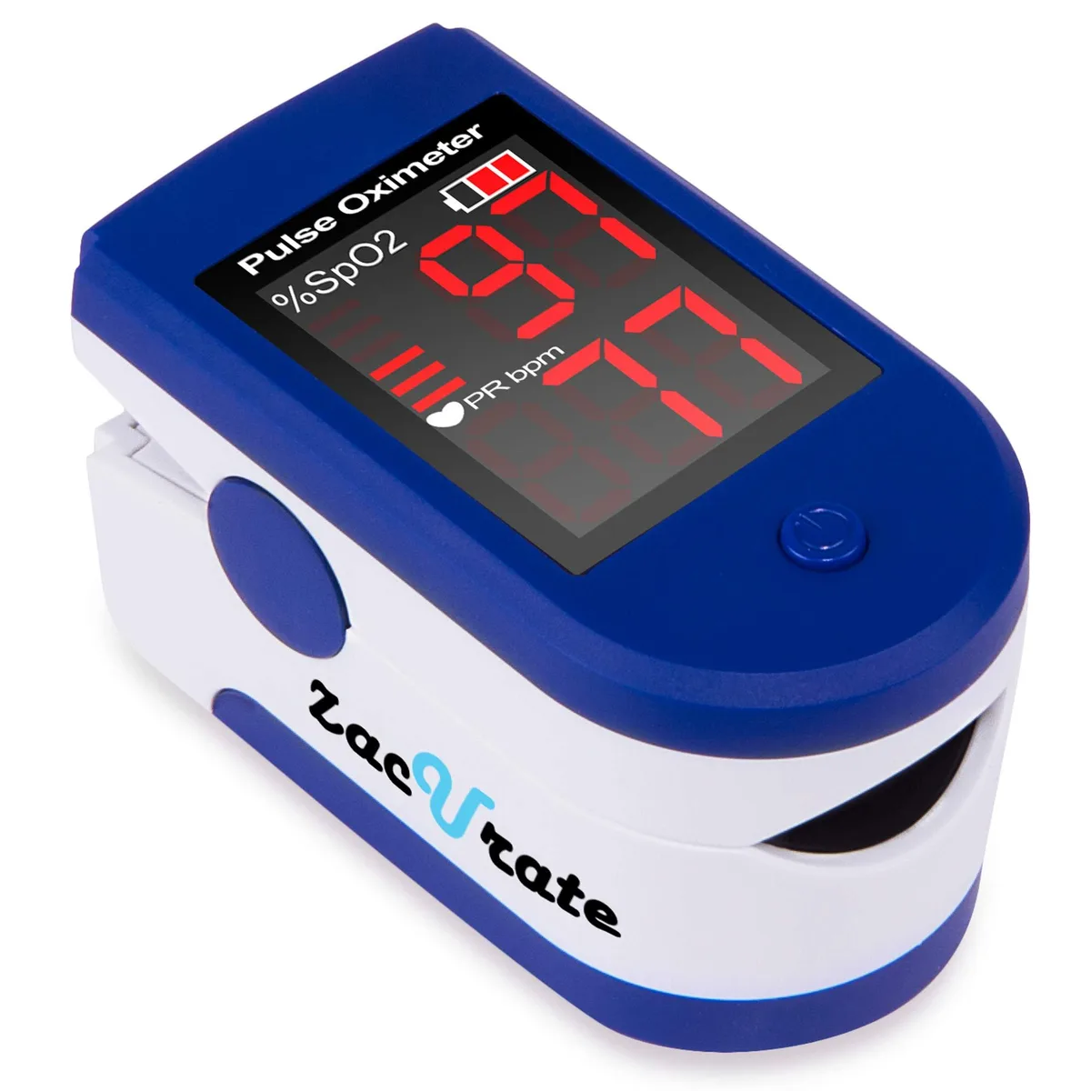 Small blue fingertip pulse oximeter with LED display and lanyard