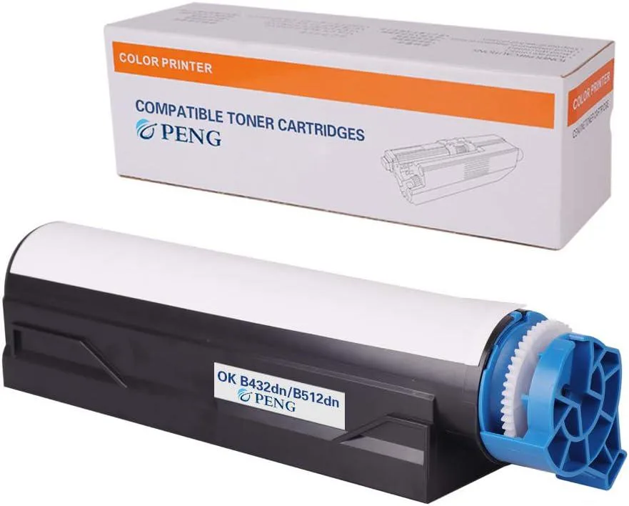 Black rectangular toner cartridge with matte plastic finish and pull-tab seal