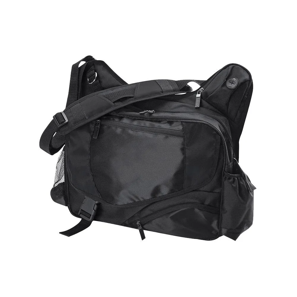 Black 14-inch messenger bag, 600D poly canvas, adjustable strap 32 to 51 inches