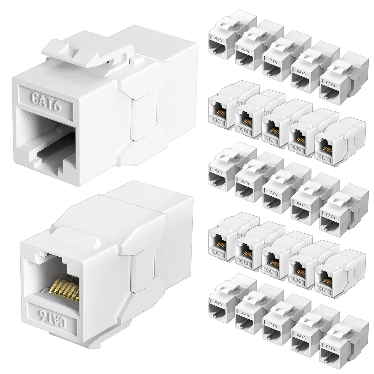 White RJ45 inline couplers, 25 pack, compact rectangular form
