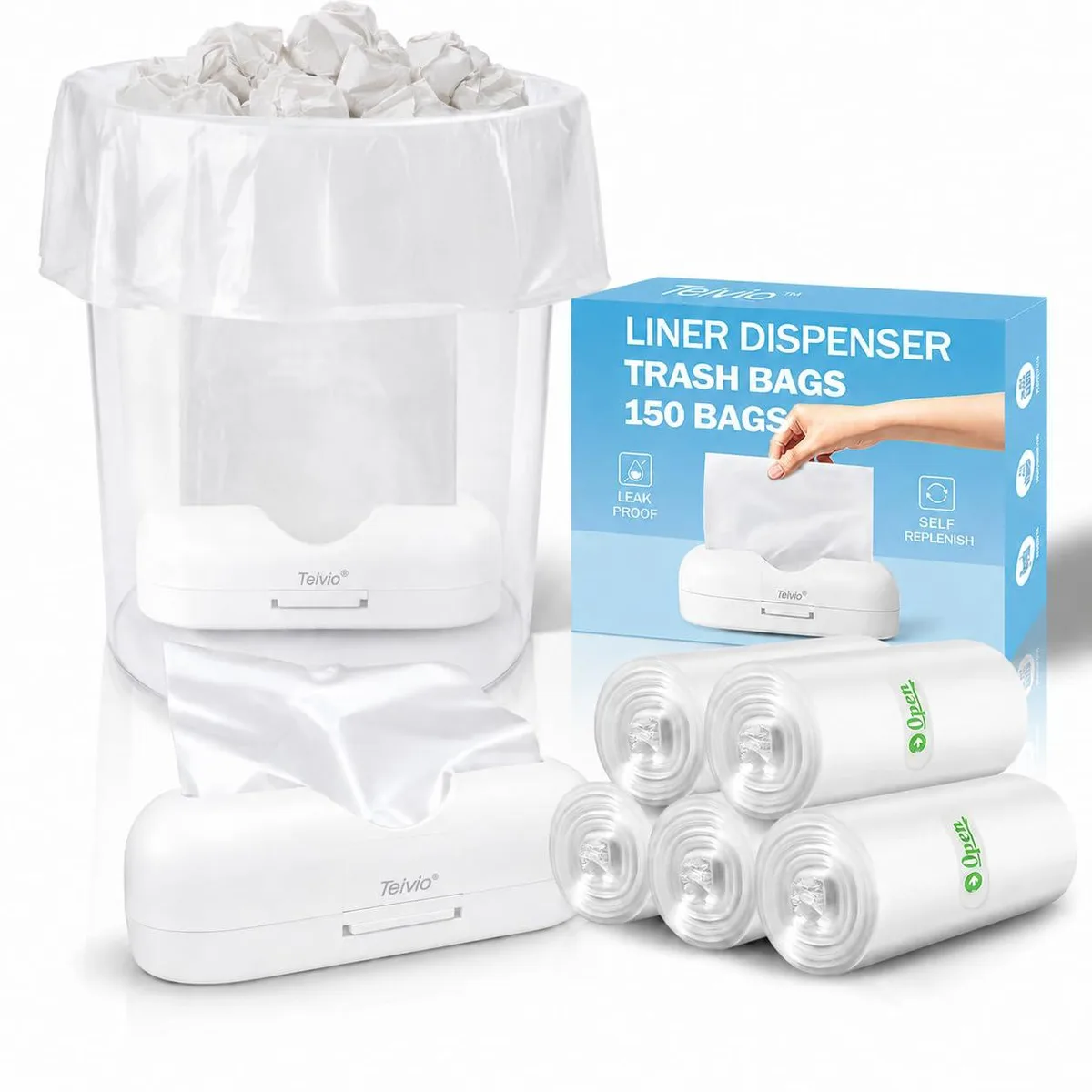 Teivio 4Gallon-150pcs Clear Trash Bags with Dispenser 15L 150 Count — product photo