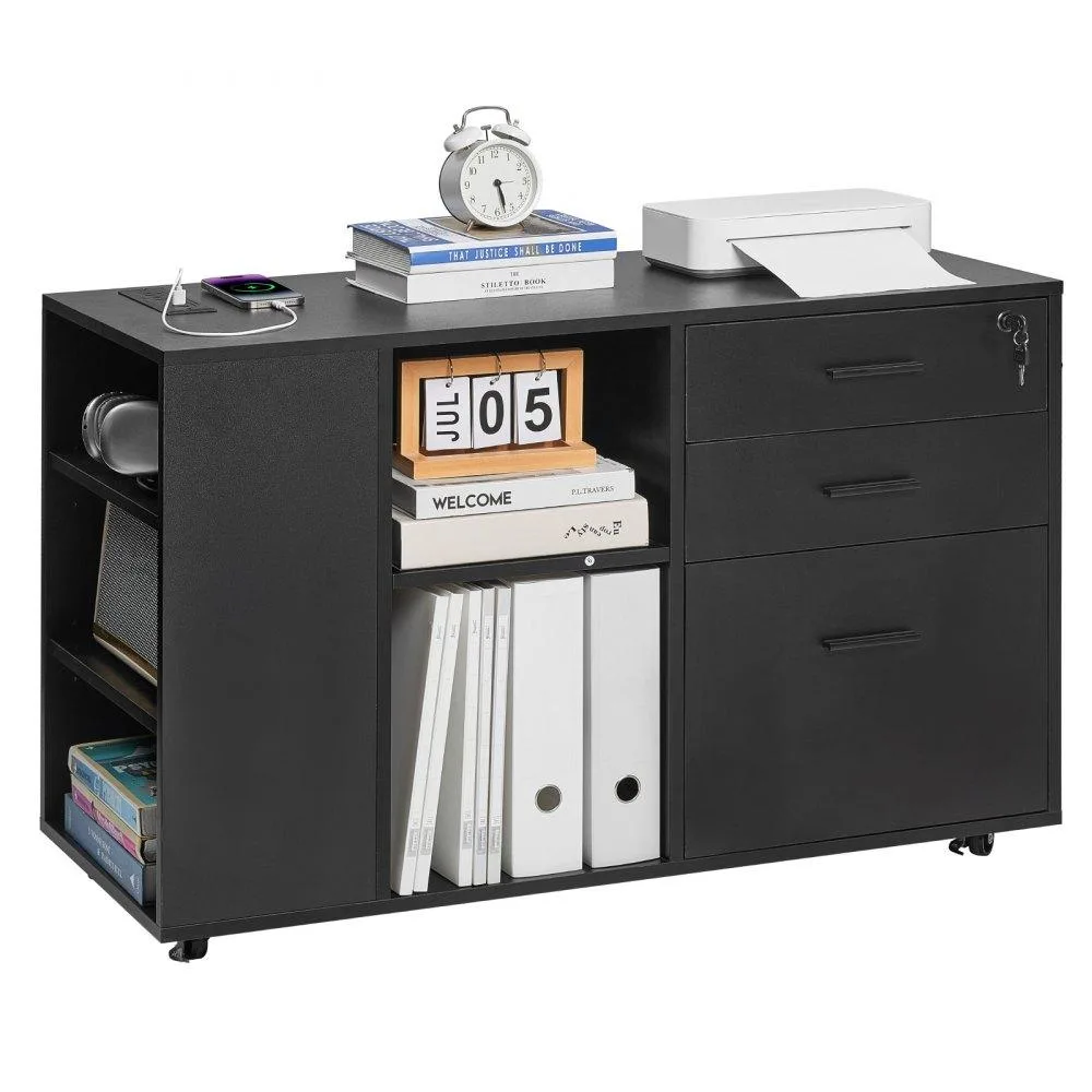 VEVOR VEVOR KLHW-06 3-Drawer File Cabinet with Power Strip, Black — product photo