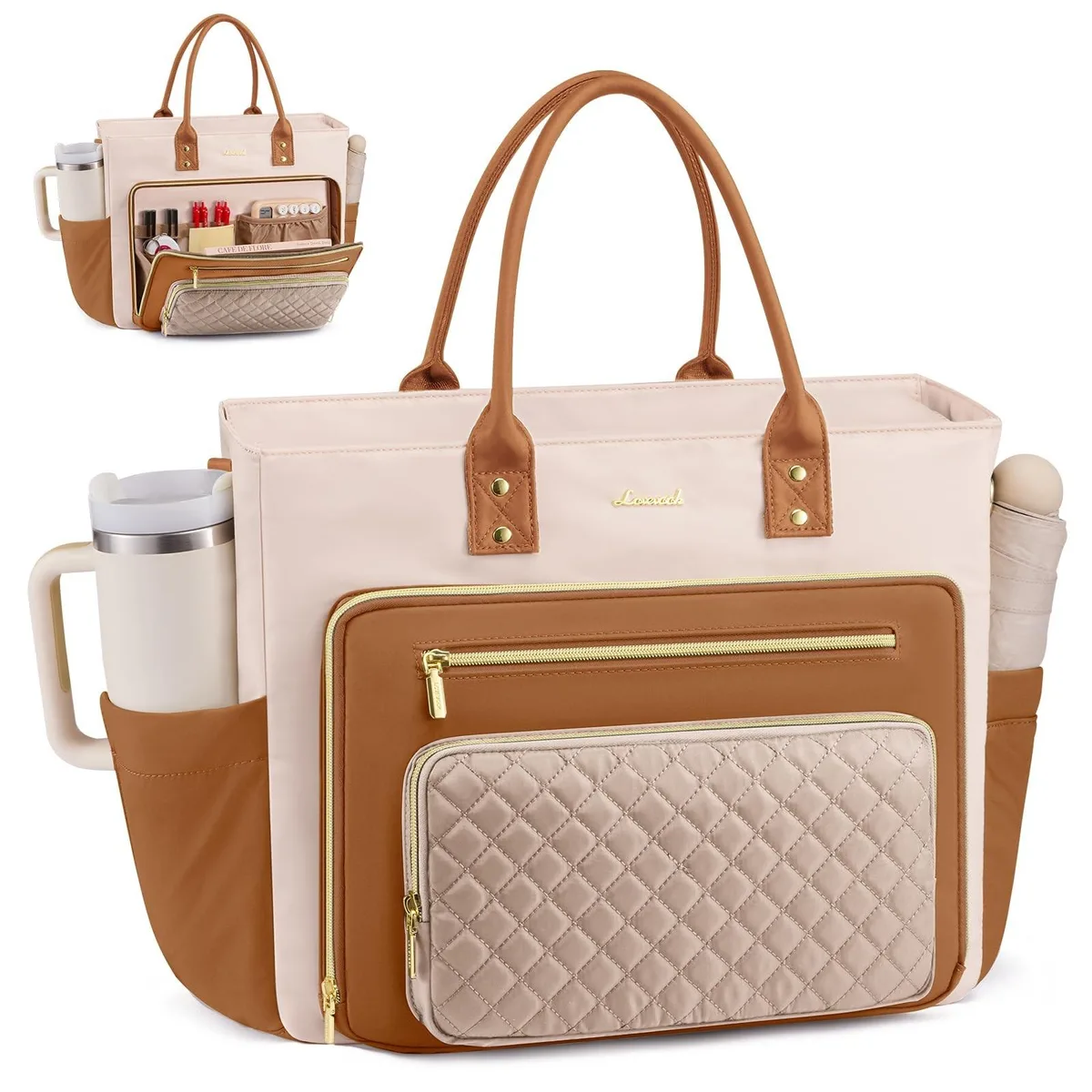 BoYata tote bag with cup holder and front zip pockets
