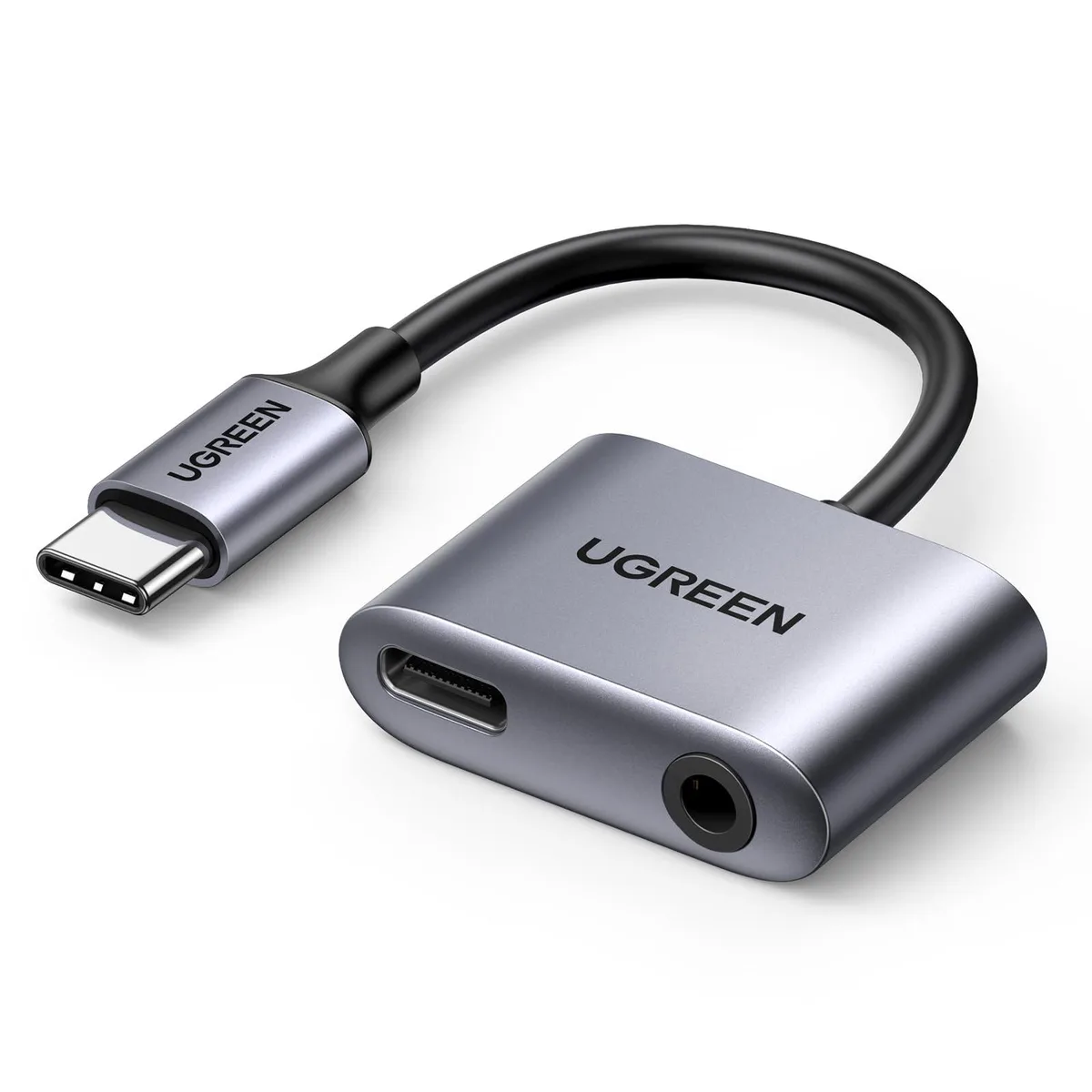 Black USB-C dongle with 3.5 mm jack and PD charging port