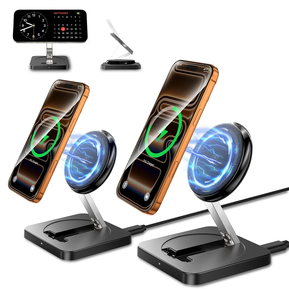 Two foldable magnetic wireless charging stands in a pack