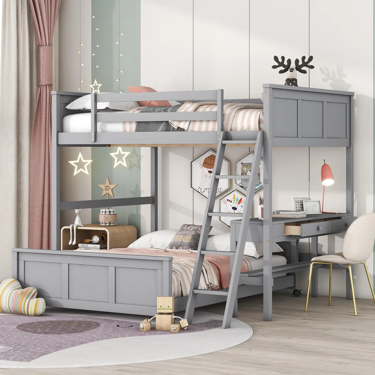 Gray full-over-full bunk bed with built-in desk and drawers, solid wood and MDF frame