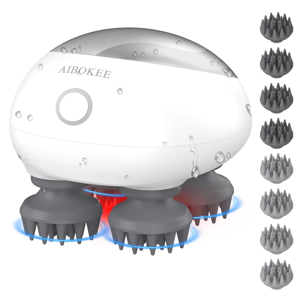 Silver electric scalp massager, compact rounded shape with silicone nodes