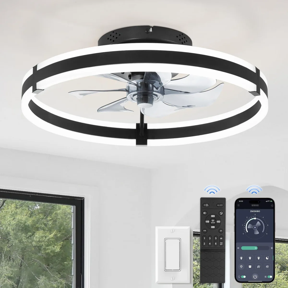 Black low-profile ceiling fan with integrated LED light, seven blades, flush-mount design