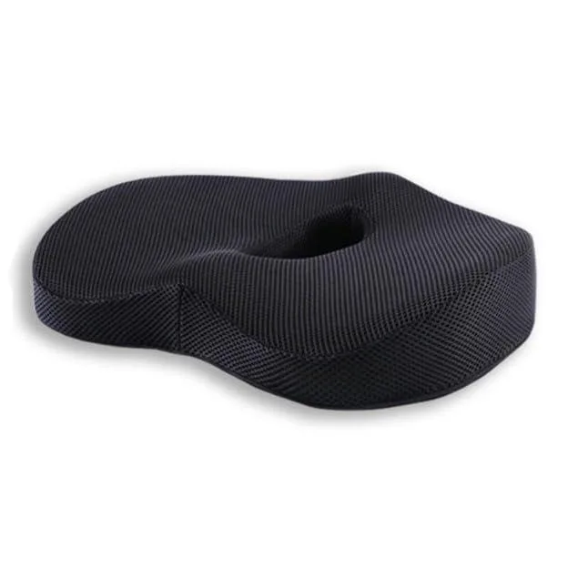 Navy blue orthopedic seat cushion with black mesh cover and coccyx cutout
