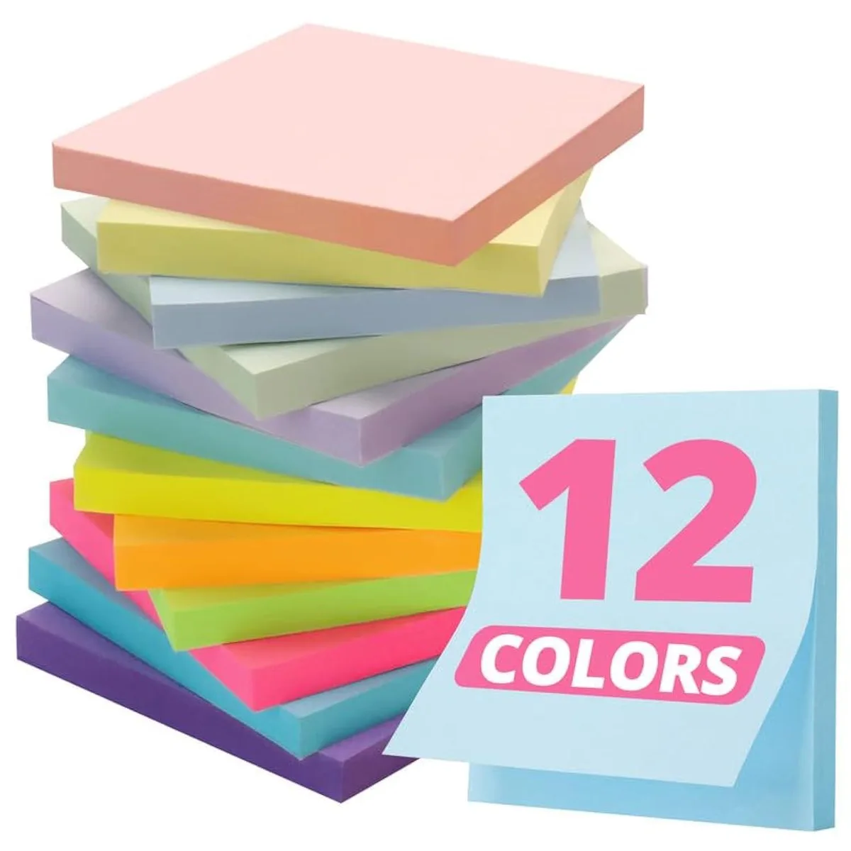 Twelve square pastel sticky-note pads in a pack