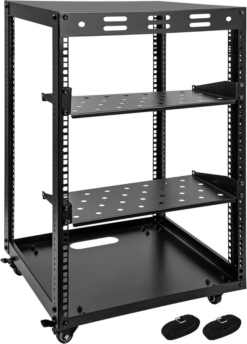 BFKK BFKK 15U Open Frame Server Rack Wall-mountable Swivel Casters 2 Shelves Top Bottom Panels 19.7L 18.8W 32.3H — product photo
