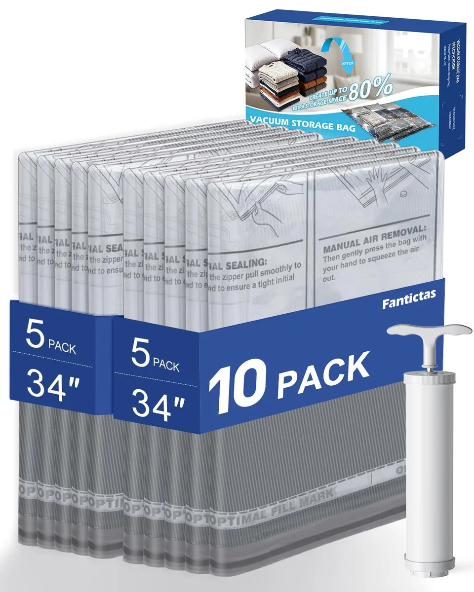 Ten medium grey semi-transparent vacuum bags with hand pump