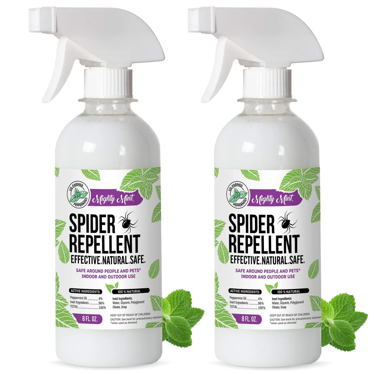 Two 8oz spray bottles with peppermint oil label