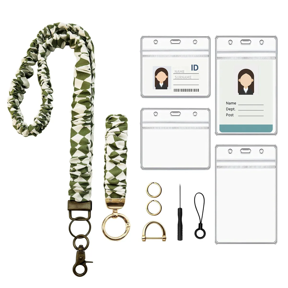 Two green polyester scrunchie lanyards with badge holders and key rings