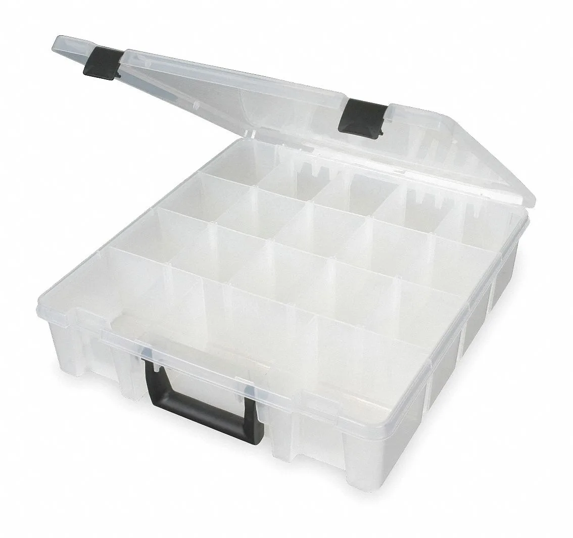 Clear plastic compartment box with handle and double latches