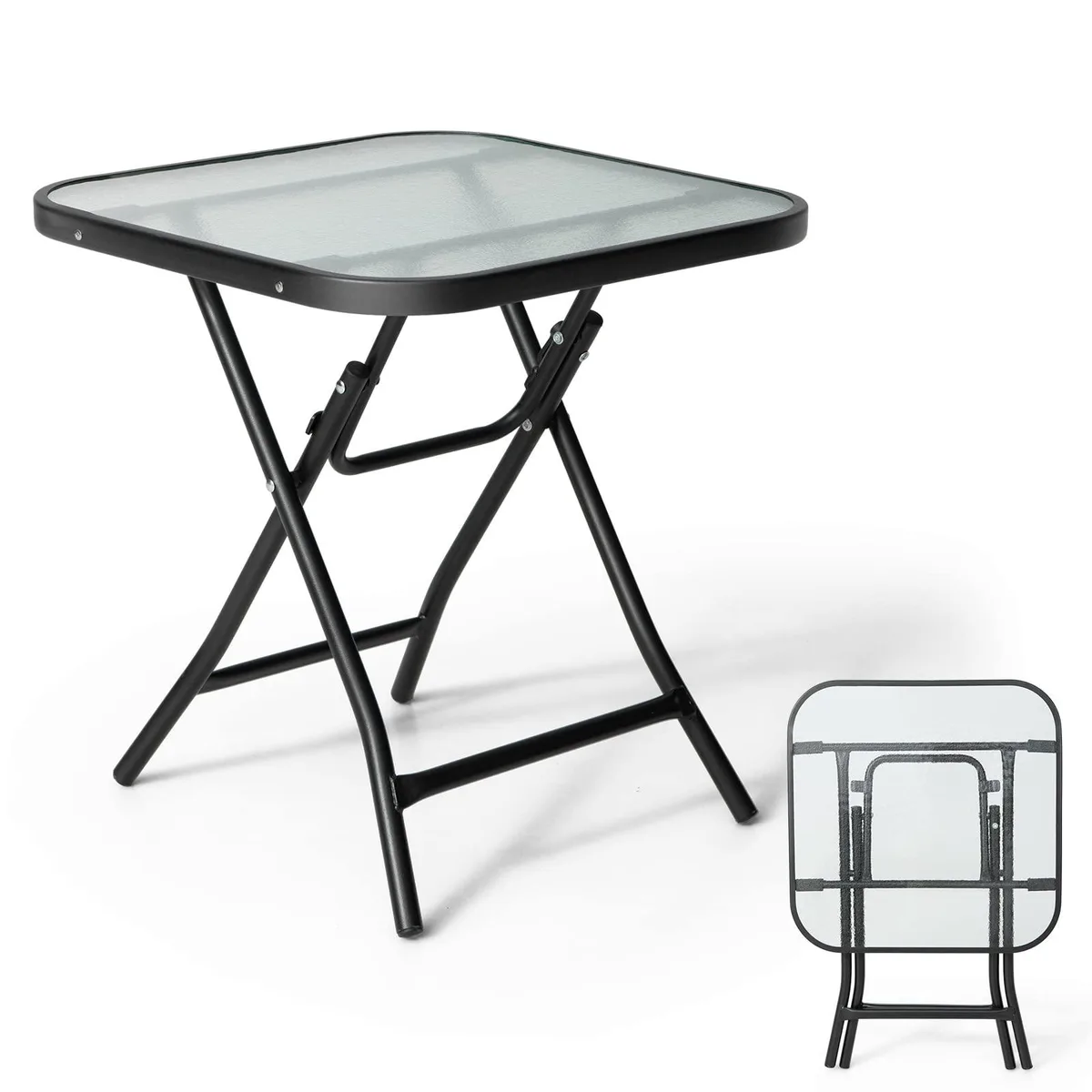 NShi NShi 18" Folding Side Table Tempered Glass Black Metal — product photo