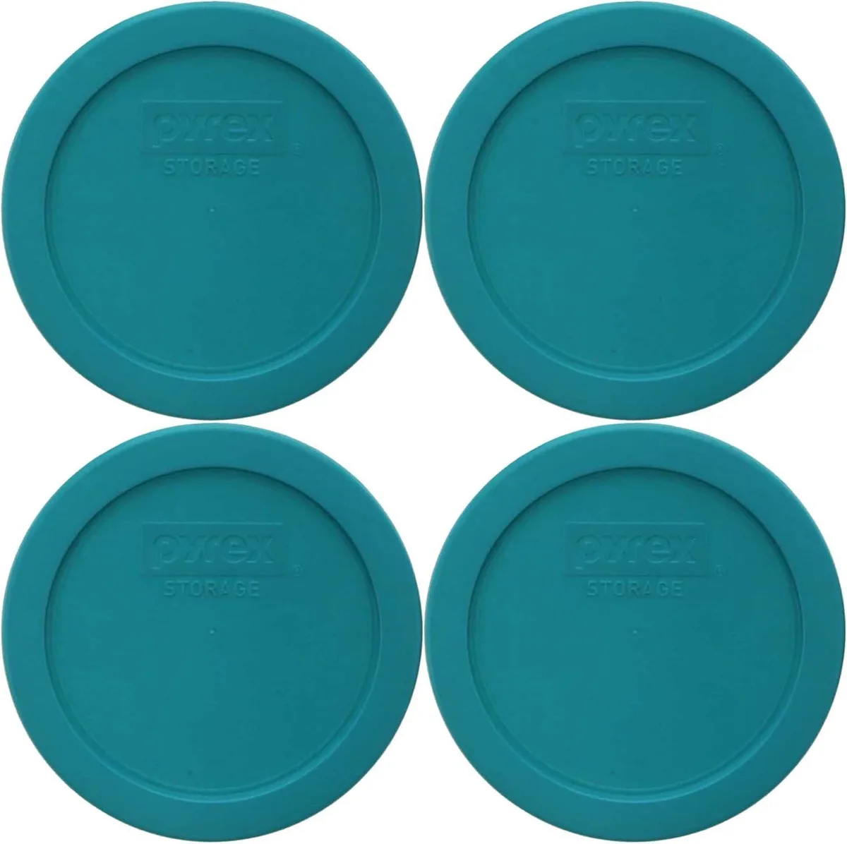 Four turquoise round plastic lids in a set