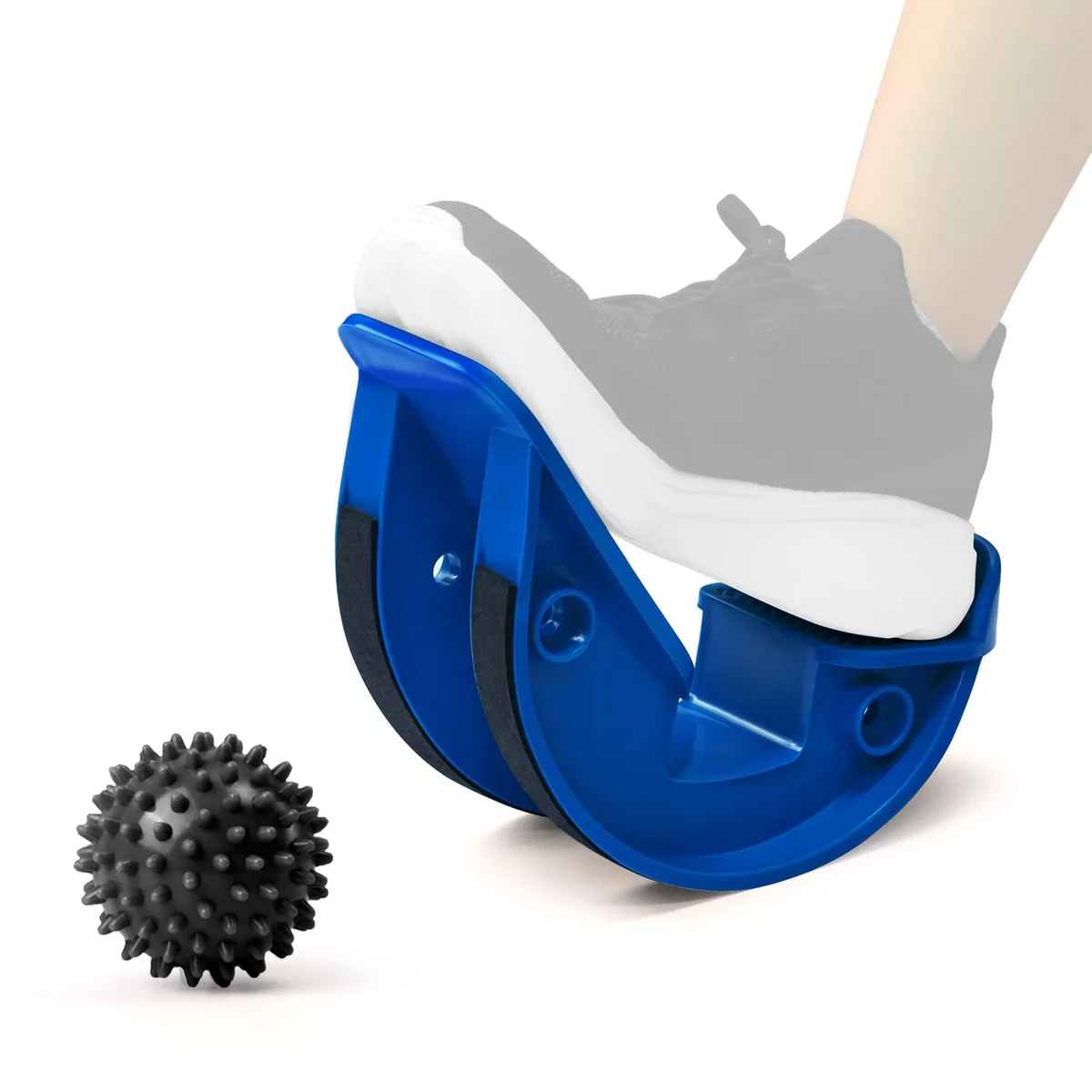 Blue curved foot rocker with textured surface and separate spiky massage ball