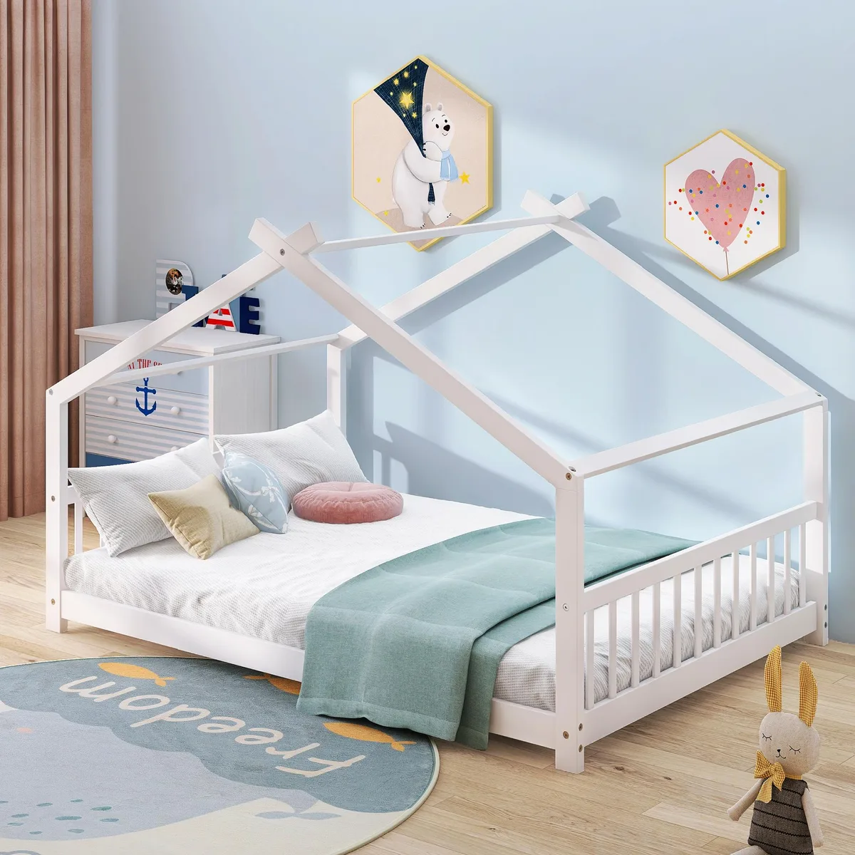 tuphen tuphen Full Size House Bed Wood Bed White 80.7"L x 56.3"W x 53.9"H — product photo