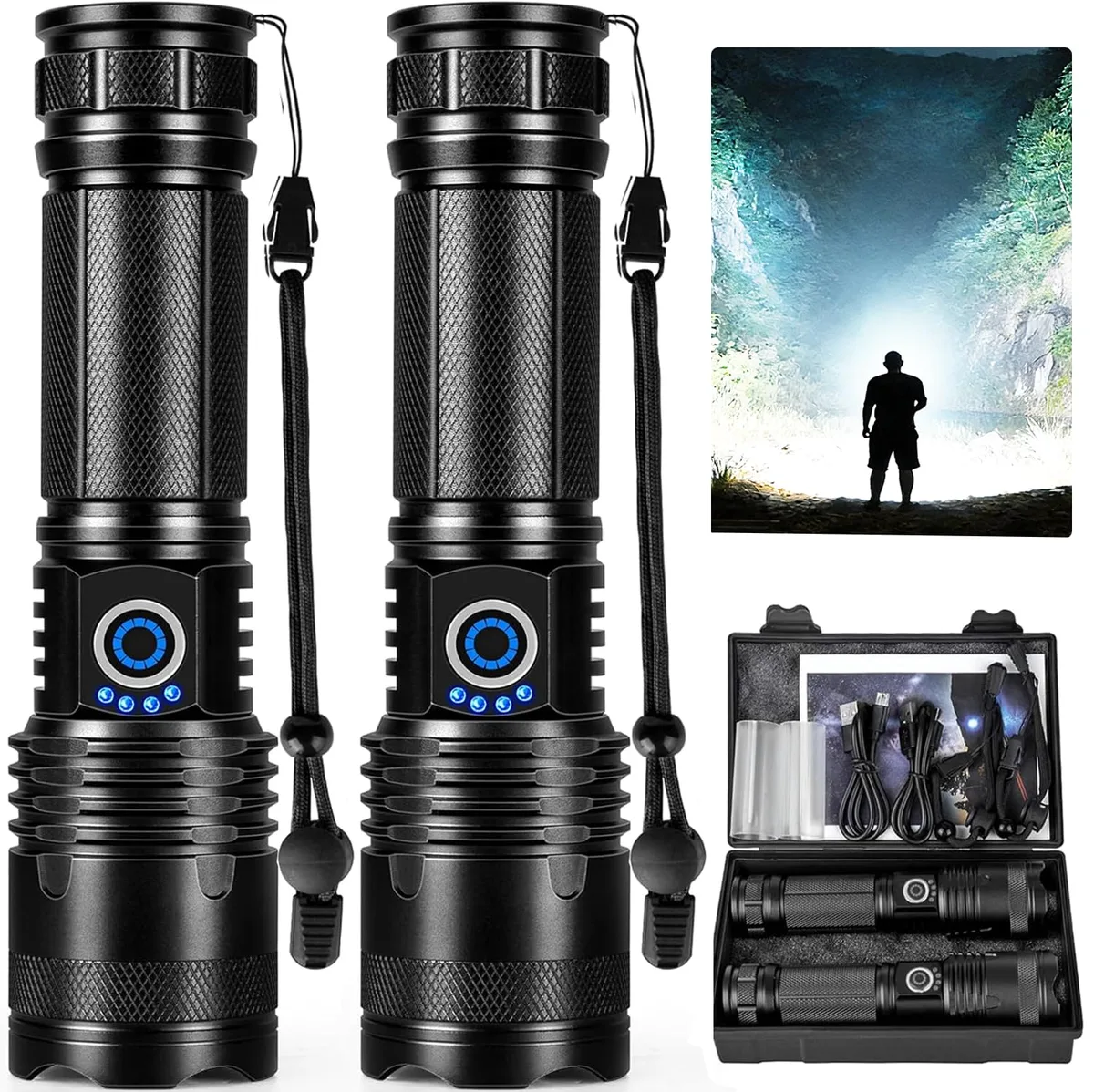 Two black cylindrical aluminium flashlights side by side