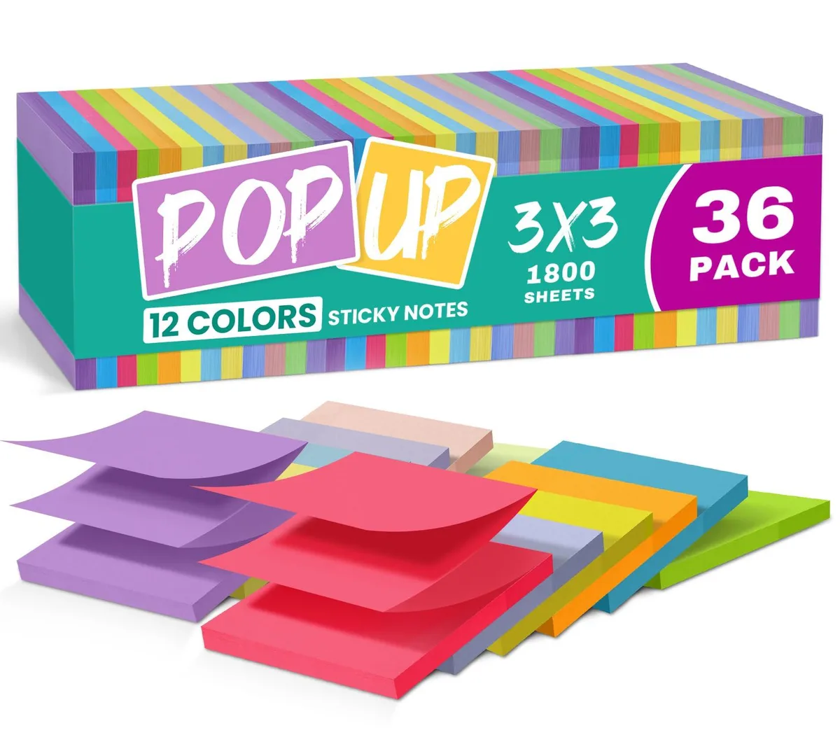 Box of 36 pop-up sticky note pads, 3x3 inches, bright multicolor