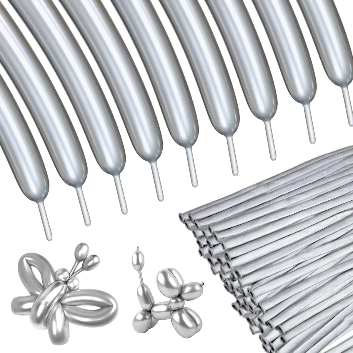 Pack of 100 silver metallic 260 twisting balloons in a box