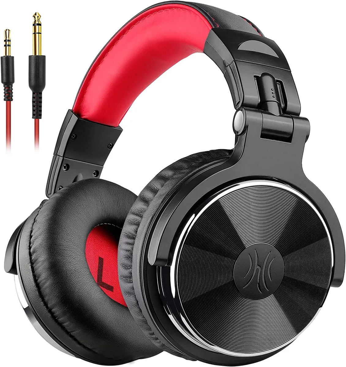 Red over-ear wired headset with 50mm drivers, adjustable headband, swivel cups, detachable 3.5mm and 6.35mm plugs, 9.8ft cable