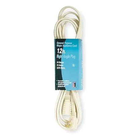 Beige flat indoor extension cord 12 ft 14 AWG 15 A 125 V right-angle plug single outlet