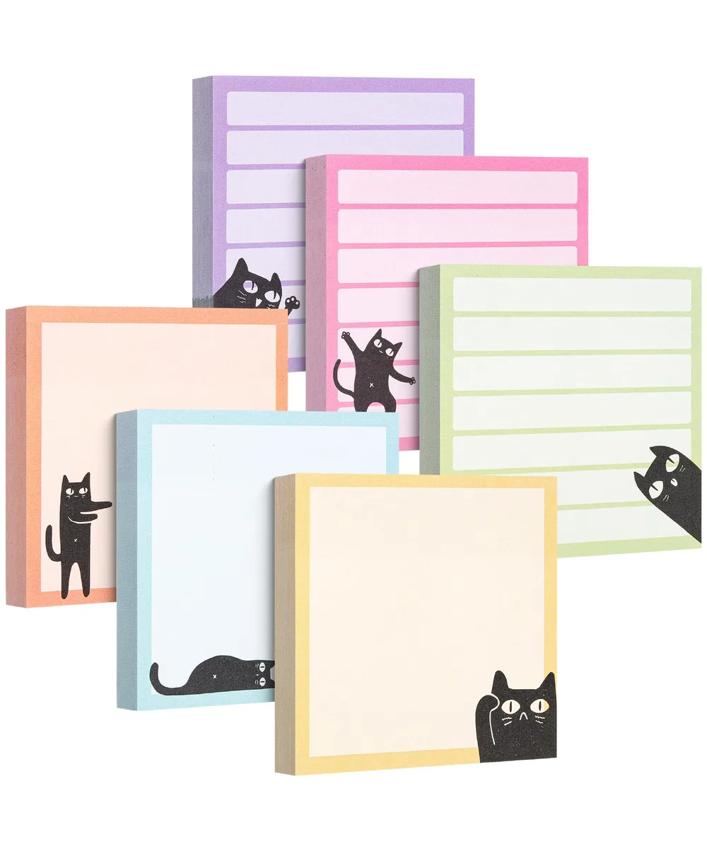 Six square sticky-note pads with pastel covers and black cat drawings