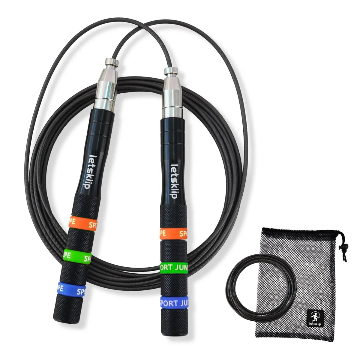 Living Well with Montel SDTS-0002 silver aluminium-handled skipping rope with two black cables and mesh bag