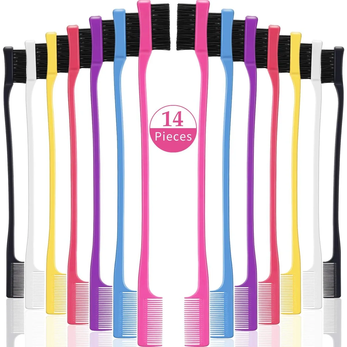 Set of 14 double-sided edge brushes in seven colours, each with boar bristles and a plastic comb end