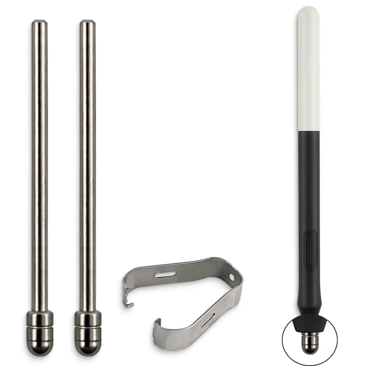 Two space-grey titanium alloy stylus nibs with a replacement tool
