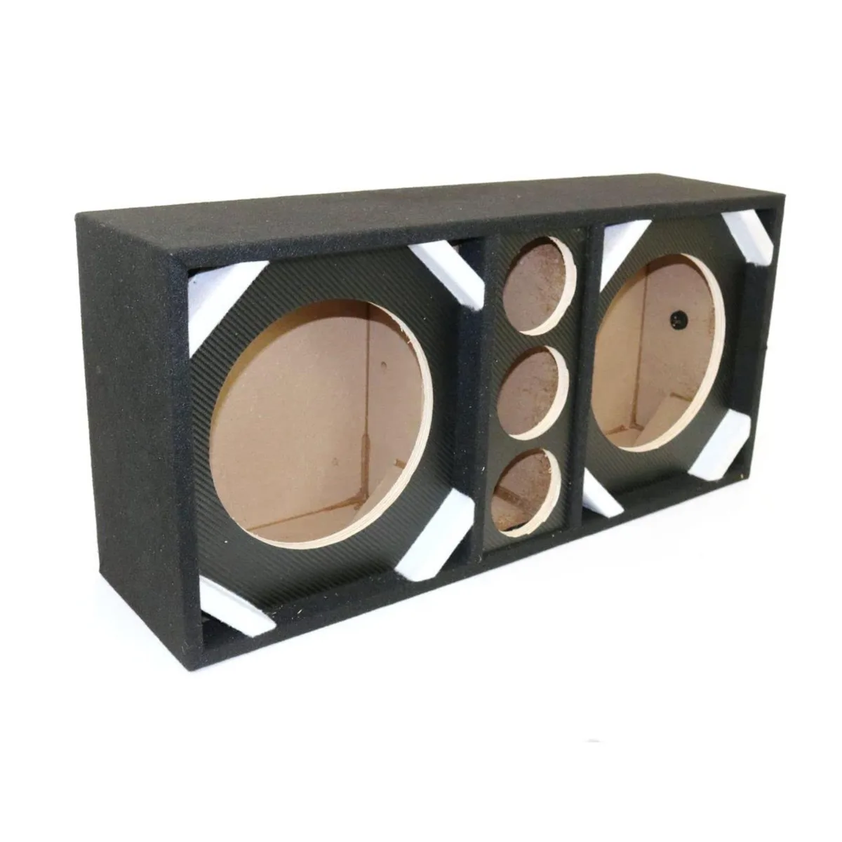 Black carbon-texture speaker box with two 10-inch woofer cutouts and three tweeter openings