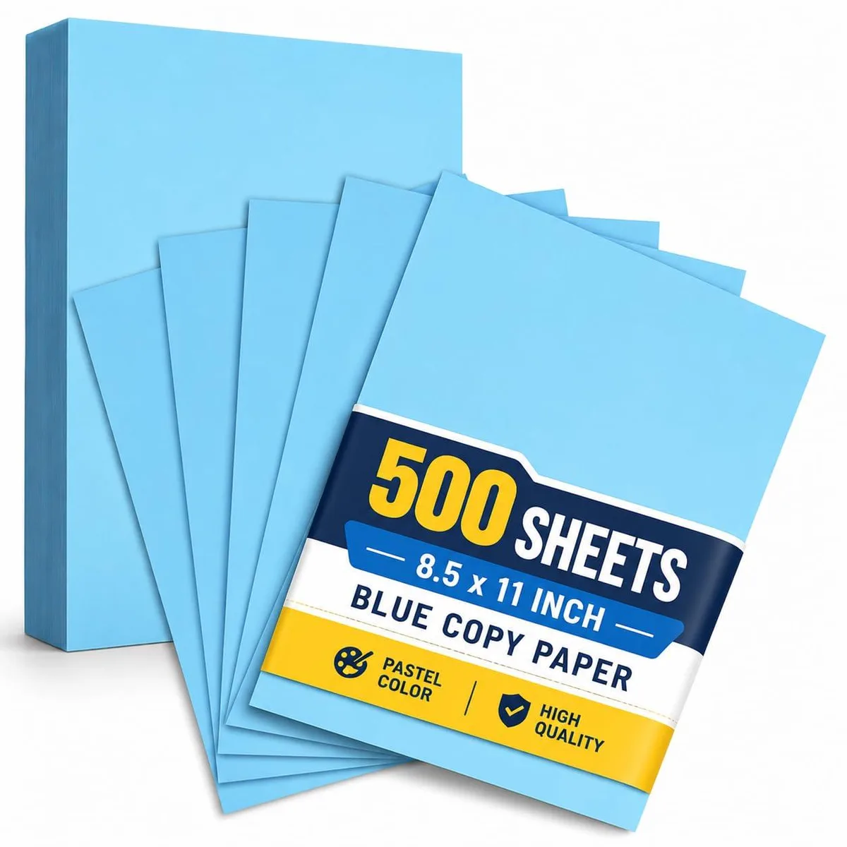 A ream of pastel blue letter-size copy paper with a smooth finish