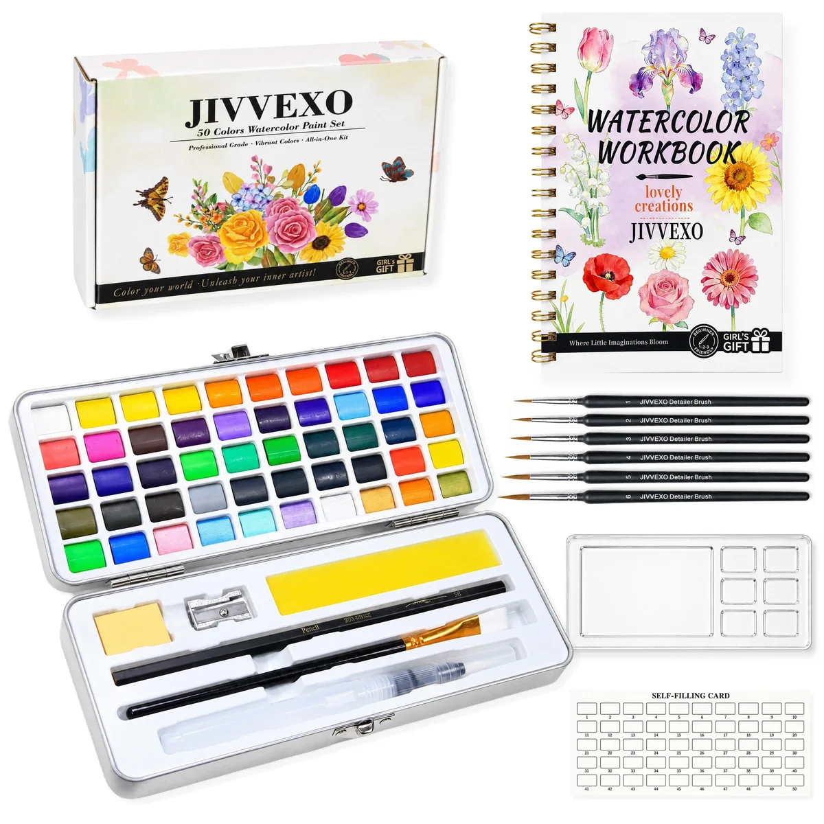 JIVVEXO US-SC-2604 50 Color Watercolor Paint Set with 14 Project Workbook — product photo