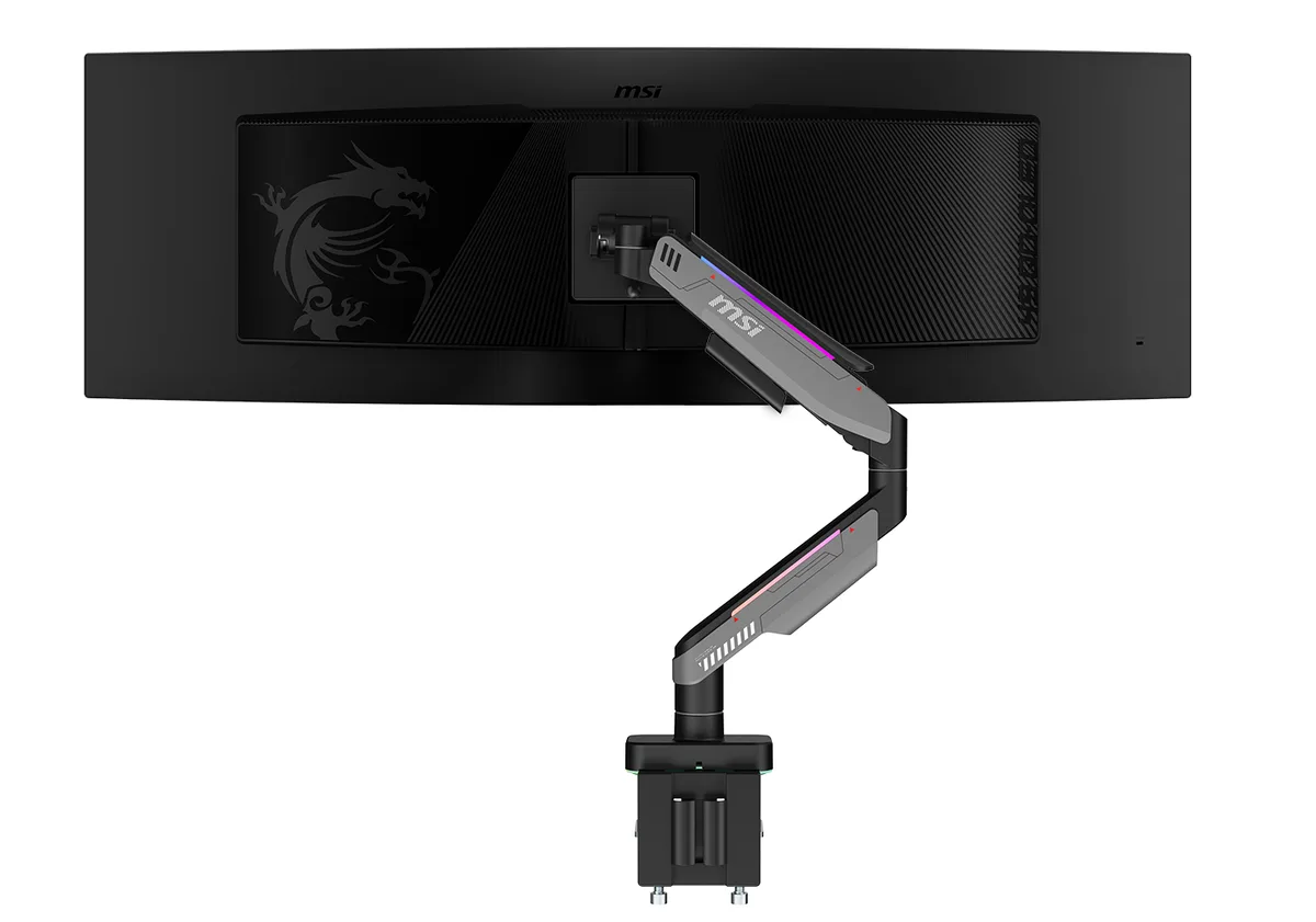 MSI MSI MPG MT201R V2 single monitor arm 17-49" 44 lbs VESA 75/100 clamp grommet RGB Iron Gray — product photo