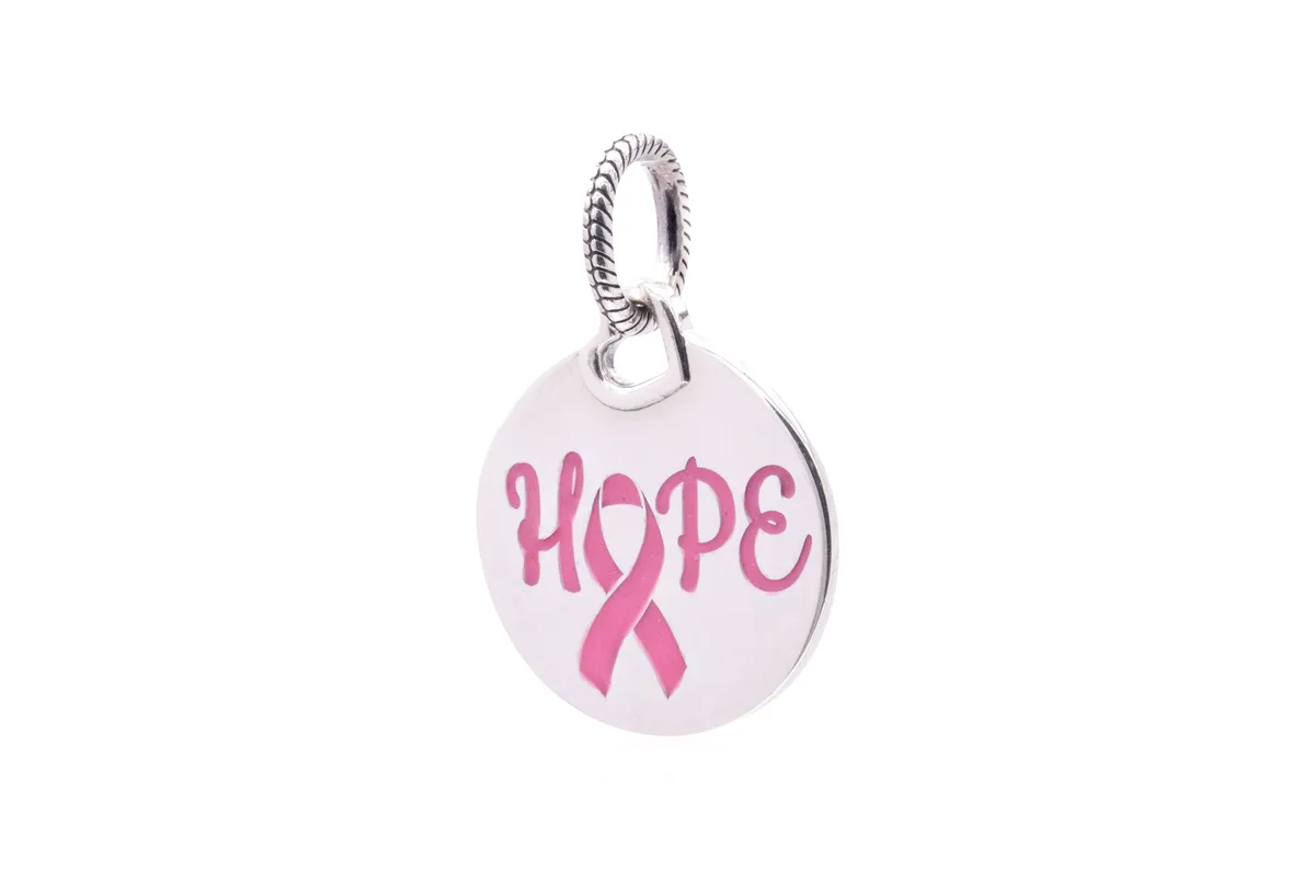 Sterling silver pendant shaped as a pink ribbon, polished finish
