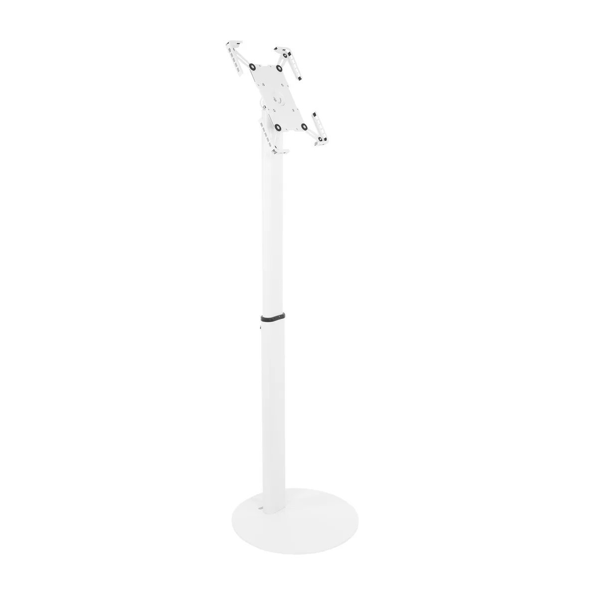 White floor-standing tablet kiosk with adjustable height pole, tilting theft-deterrent holder and wide freestanding base
