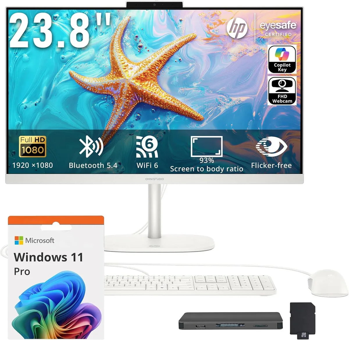 HP HP OmniStudio 23.8" FHD All-in-One PC, Intel N150, 8GB DDR5, 1.12TB Storage, Win11 Pro, White — product photo