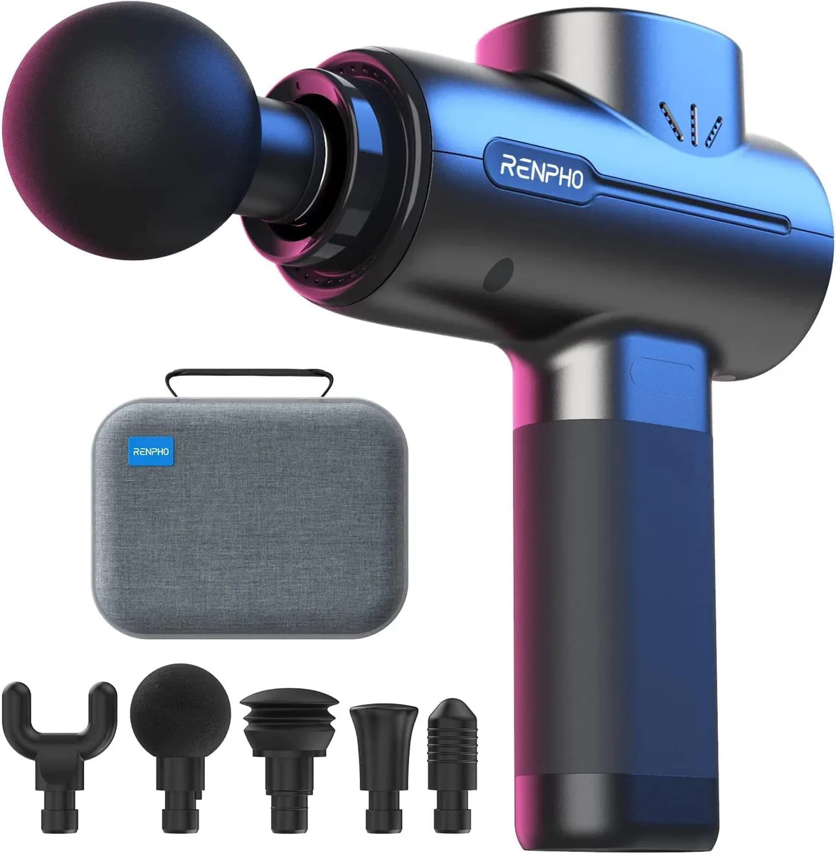 Hand-held massager, metal housing, 1.5lbs, USB-C port, five attachment heads