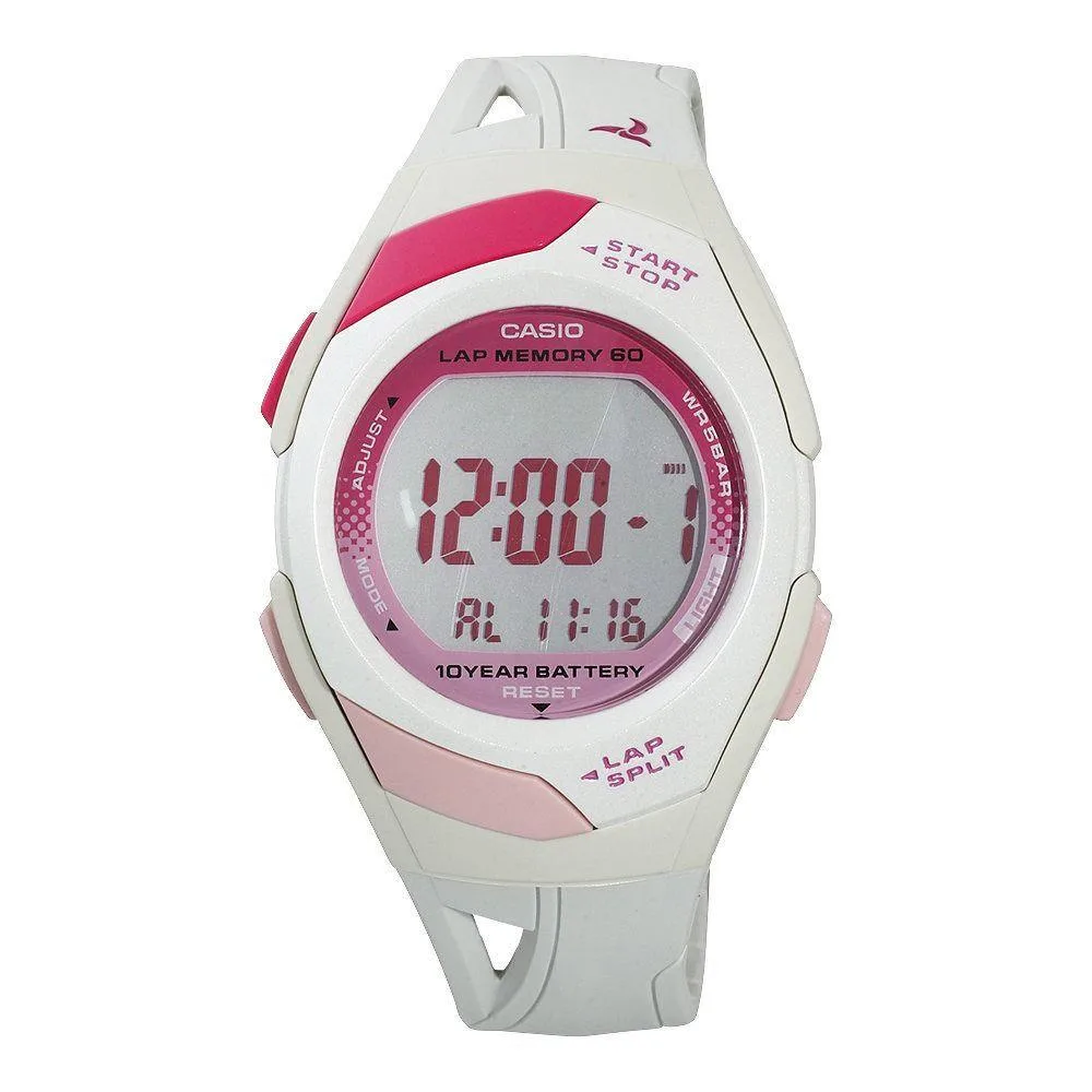 Oval grey-dial digital watch with white resin band and pink accents