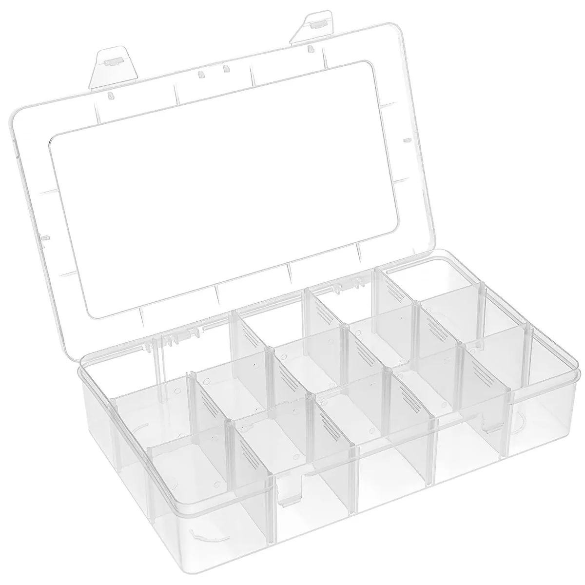Clear plastic storage box with 15 adjustable compartments, 16 by 27 by 6 centimetres